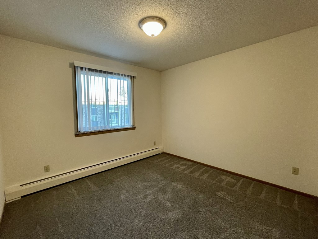 A room with a window and a grey carpet.