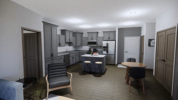 a kitchen and living room with a table and chairs