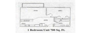 A floor plan of a 1 Bedroom Unit that is 700 Square Feet.