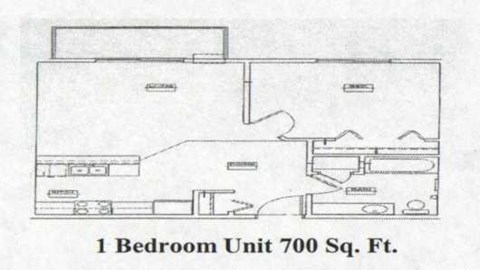A floor plan of a 1 Bedroom Unit that is 700 Square Feet.