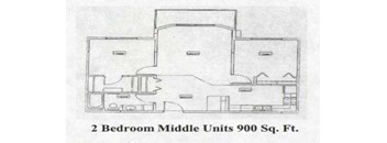 A floor plan of a 2 bedroom, middle unit apartment that is 900 square feet.