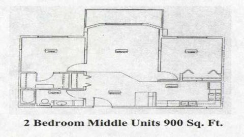A floor plan of a 2 bedroom, middle unit apartment that is 900 square feet.