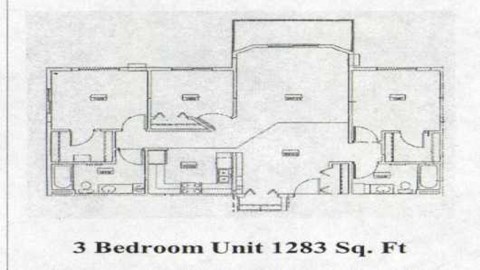 A drawing of a 3 Bedroom Unit that is 1283 Sq. Ft.