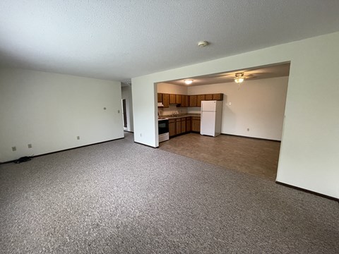 A sparsely furnished living room with a kitchen in the background.