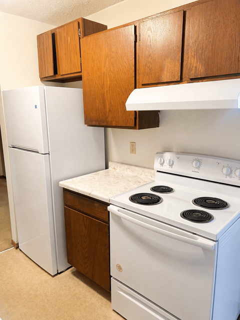 A white fridge and stove in a kitchen.