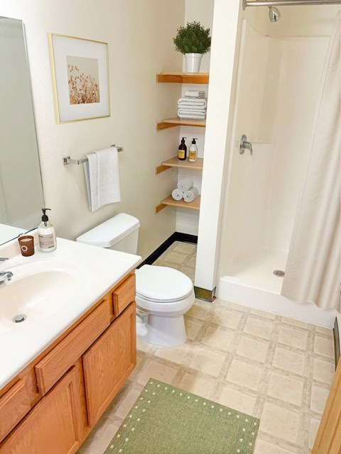 A bathroom with a toilet, sink, and shower.