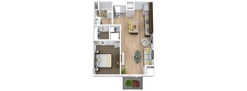 a stylized floor plan with a bedroom and a living room
