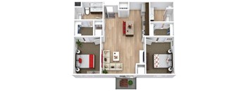 a 3d rendering of a floor plan with bedrooms and a living room