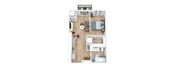 a drawing of a bedroom with a bathroom and a living room