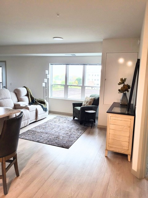 A living room with a white couch and a black countertop.