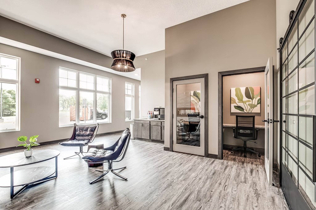 Private video conference rooms and coffee bar area