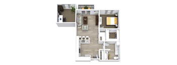 a stylized floor plan of a house with a bedroom and a living room