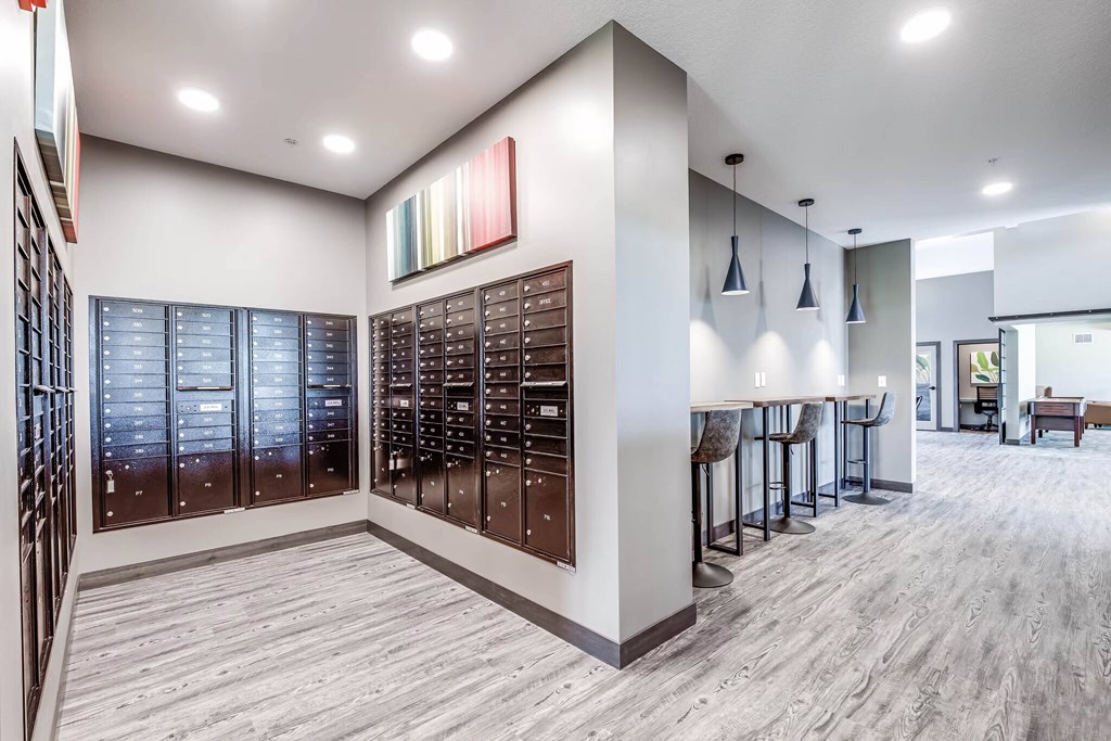 Mail room with seating area