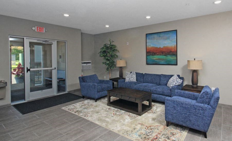 a living room with a couch and a coffee table