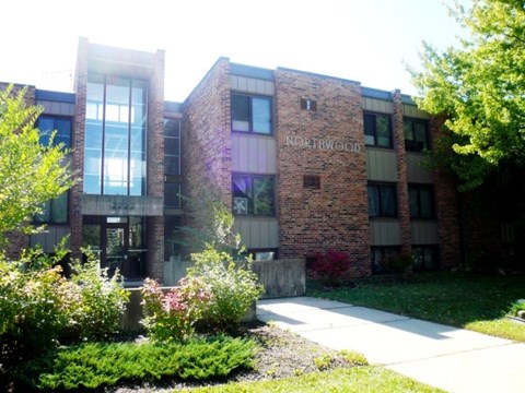 A building with the word "Northwood" on it.