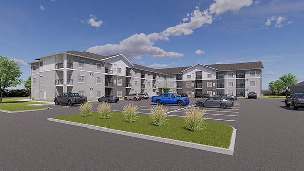 a rendering of an apartment building with cars in a parking lot