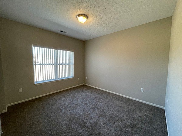 an empty living room with a window and carpet