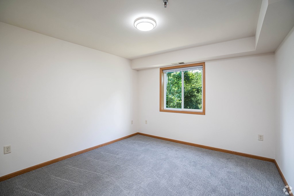 A room with a window and carpeted floor.