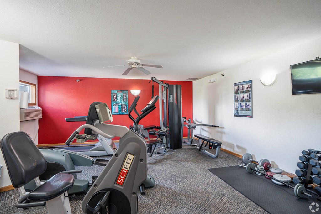 A home gym with a red wall and a variety of exercise equipment.