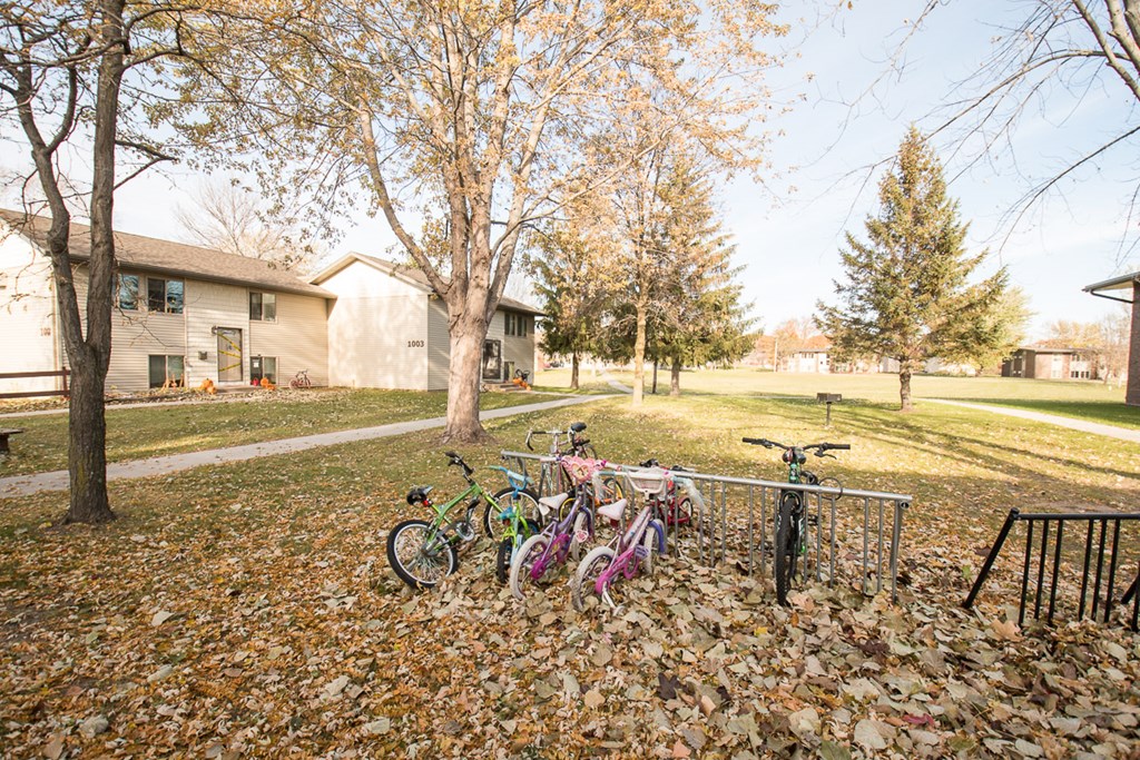 A row of bikes are parked in a yard.