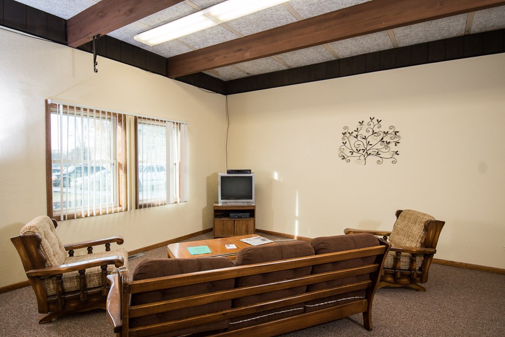 A living room with a couch, chair, and television.