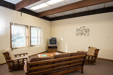 A living room with a couch, chair, and television.