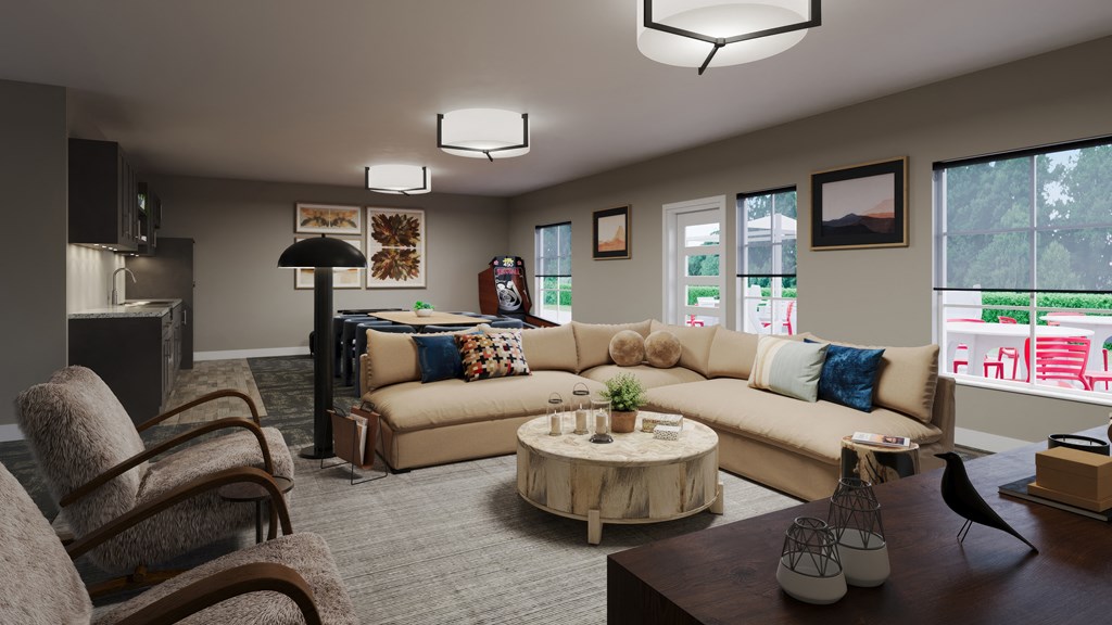 a living room with a couch and a table