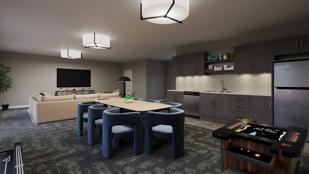 a living room with a table and chairs and a game controller