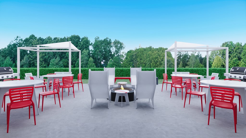 a rendering of a patio with tables and chairs