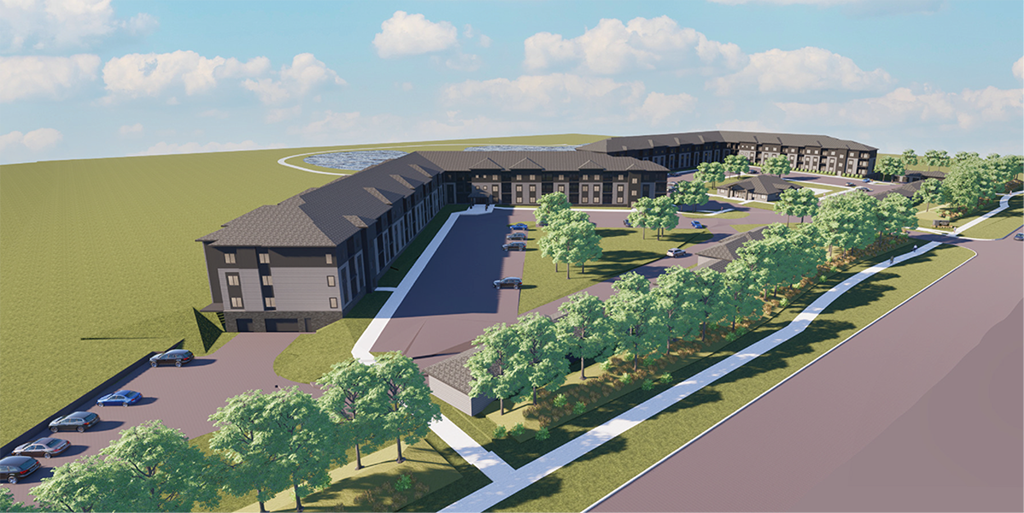 a rendering of a building with trees in front of it