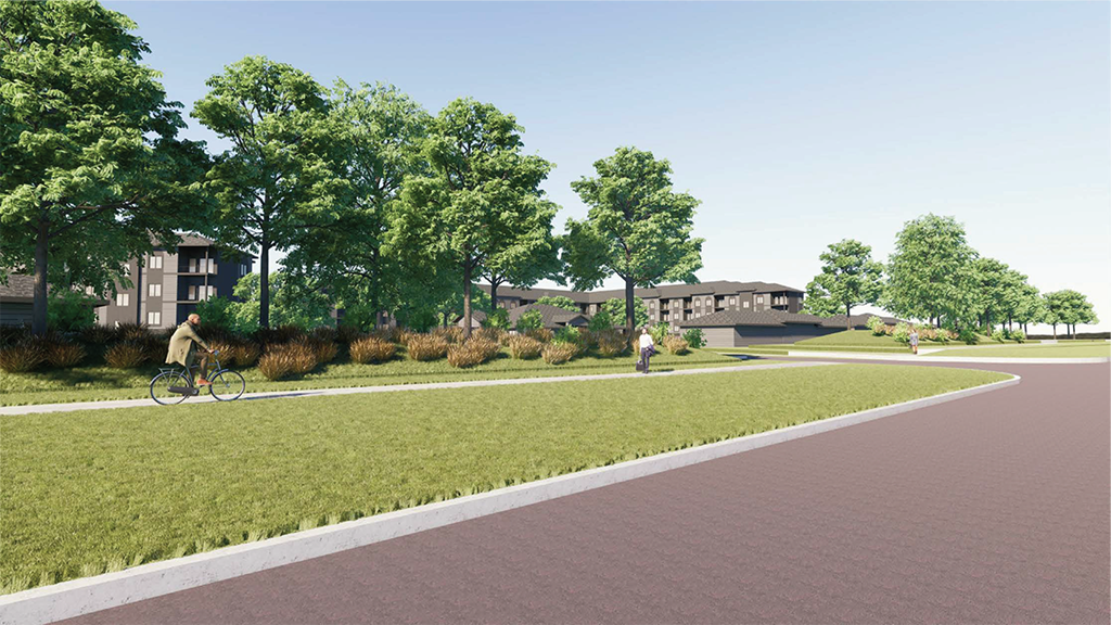 a rendering of a park with people walking and cycling on a path