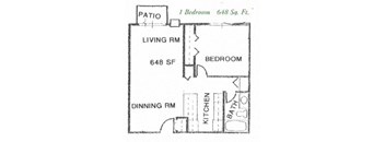 A floor plan of a one bedroom apartment that is 648 square feet.