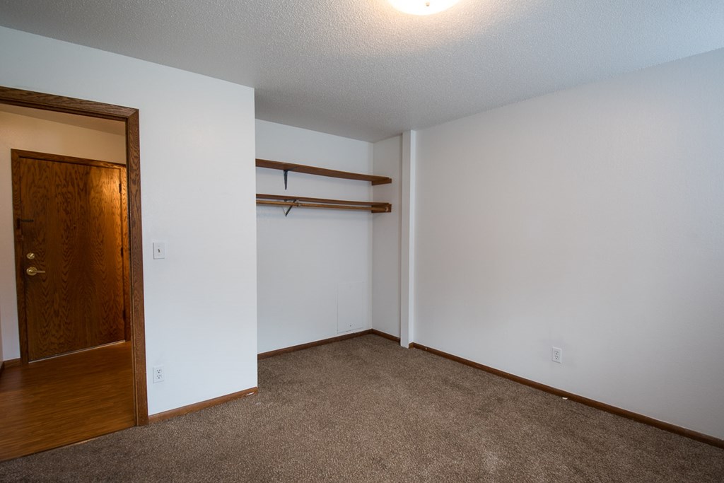 A room with a brown carpet and a wooden door.