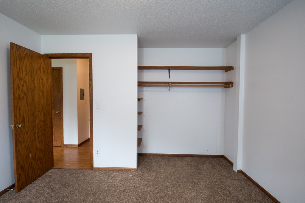 A room with a brown carpet and a wooden door.