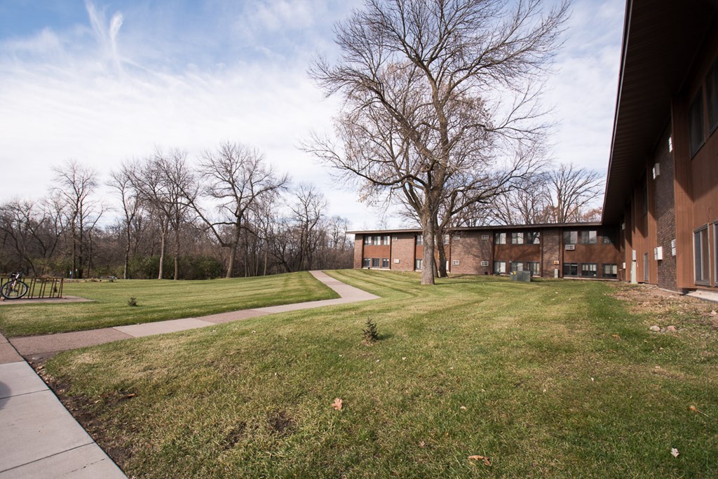 A grassy area in front of a building with a tree in the middle.