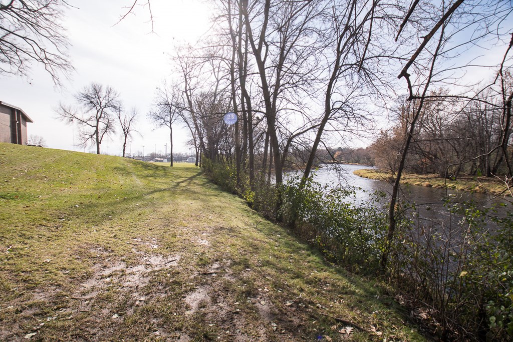A pathway with grass and trees leading to a body of water.