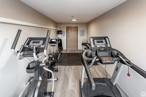 A spacious room with treadmills and elliptical machines.