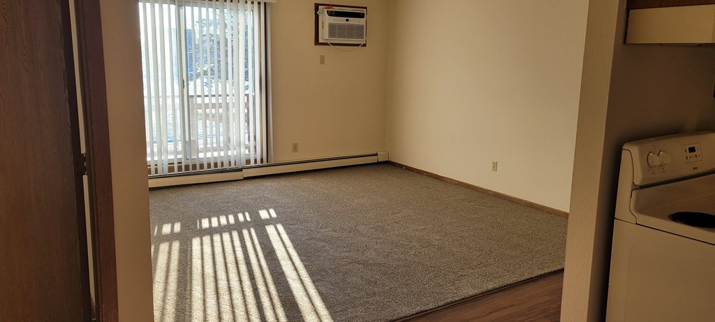 A room with a carpeted floor and a window with blinds.