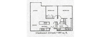 A black and white image of a floor plan for a 997 sq. ft. apartment with two bedrooms, one bathroom, a living room, and a kitchen.