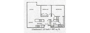 A black and white image of a floor plan for a 997 sq. ft. apartment with two bedrooms, one bathroom, a living room, and a kitchen.