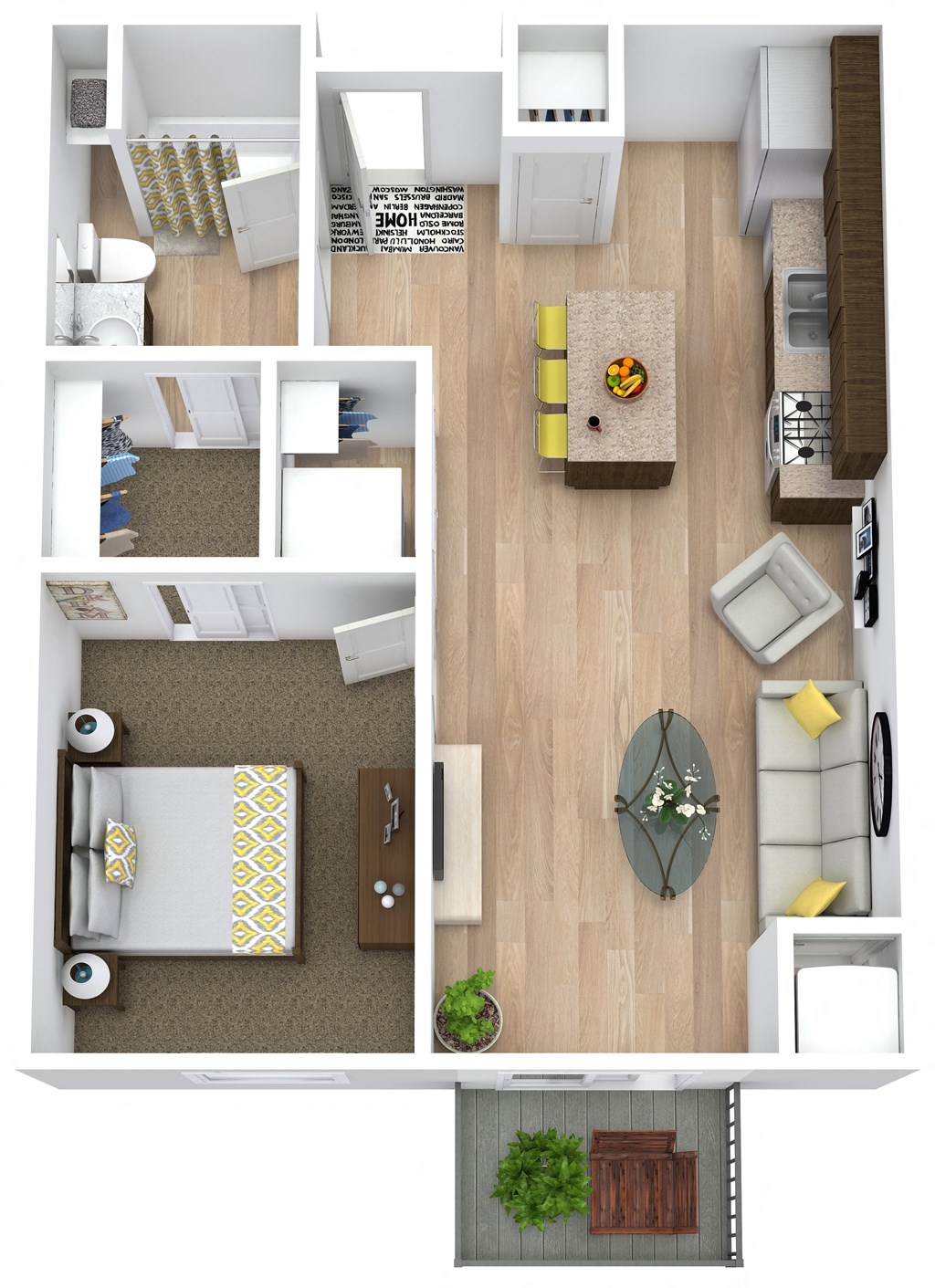 a stylized floor plan with a bedroom and a living room