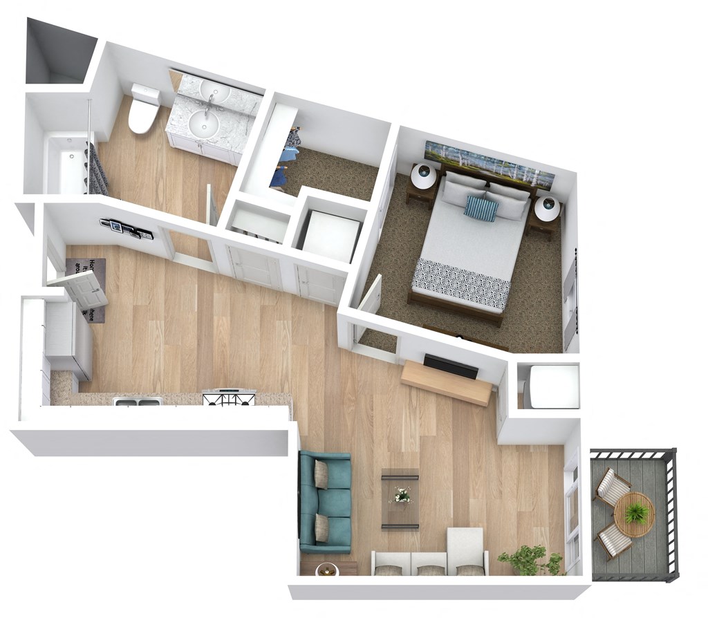 a stylized floor plan with a bedroom and a living room
