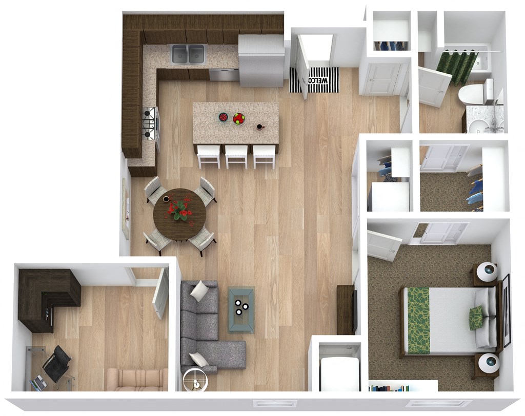 a stylized floor plan with a living room and dining room