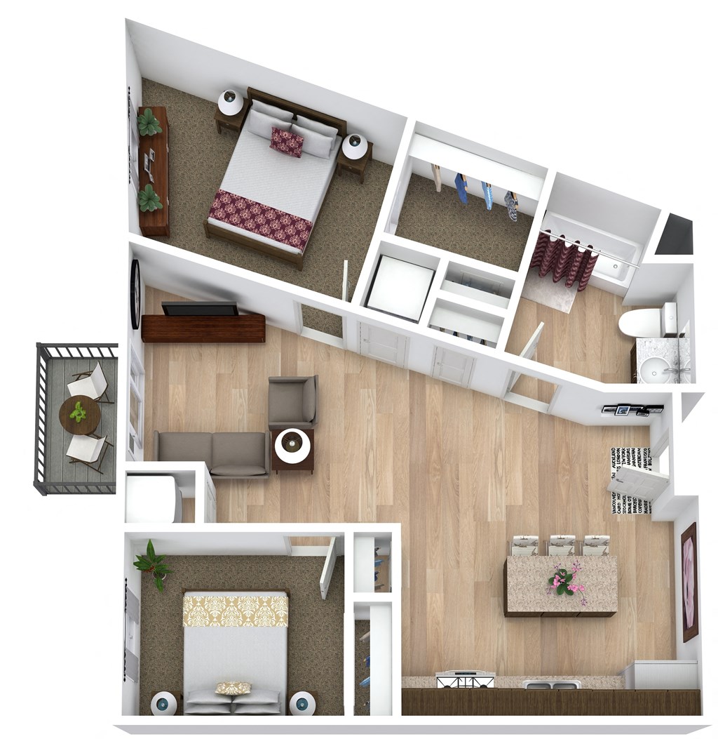 a 3d rendering of a bedroom with a living room