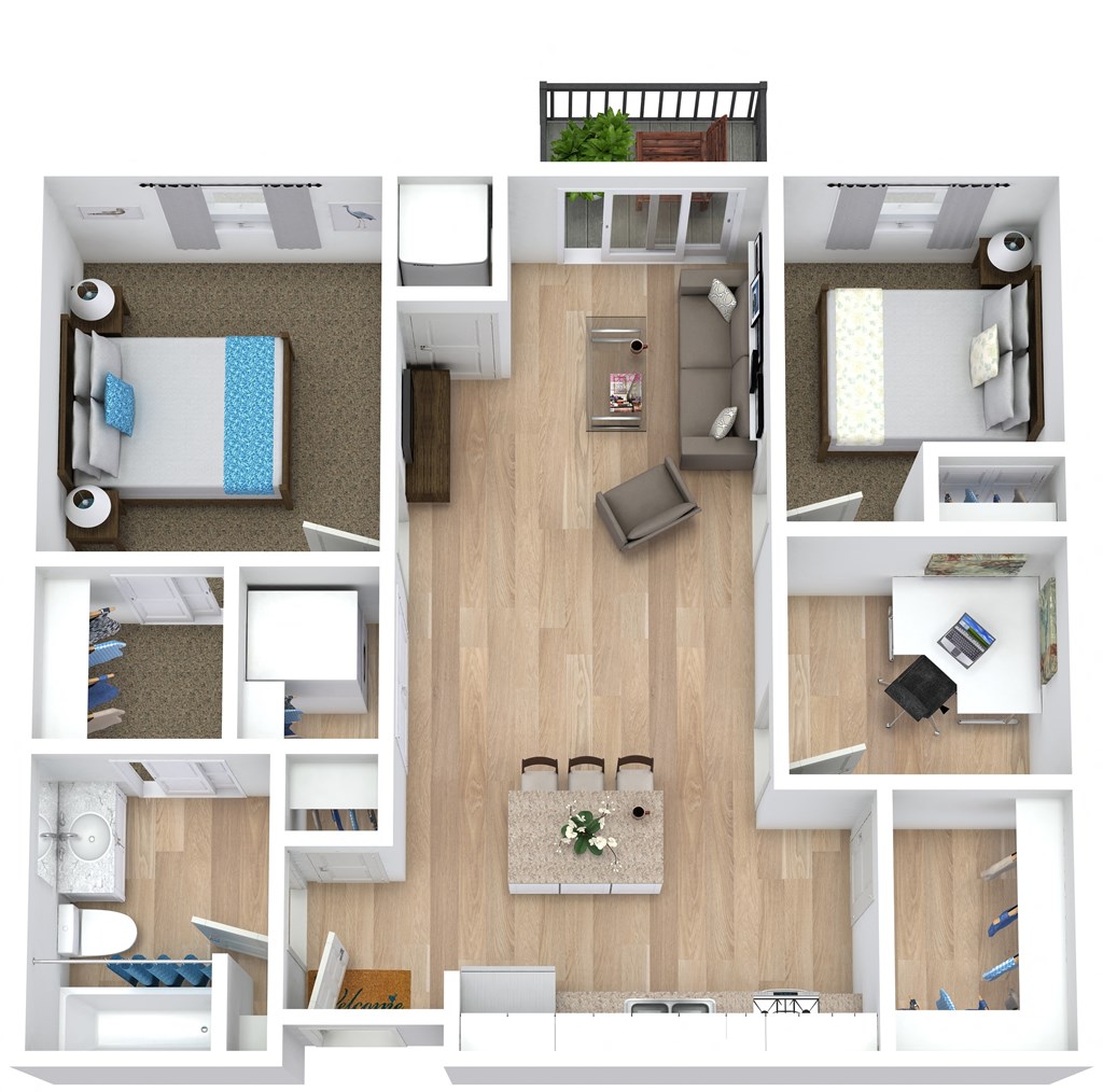a stylized 3d floor plan of a house with a bedroom and living room