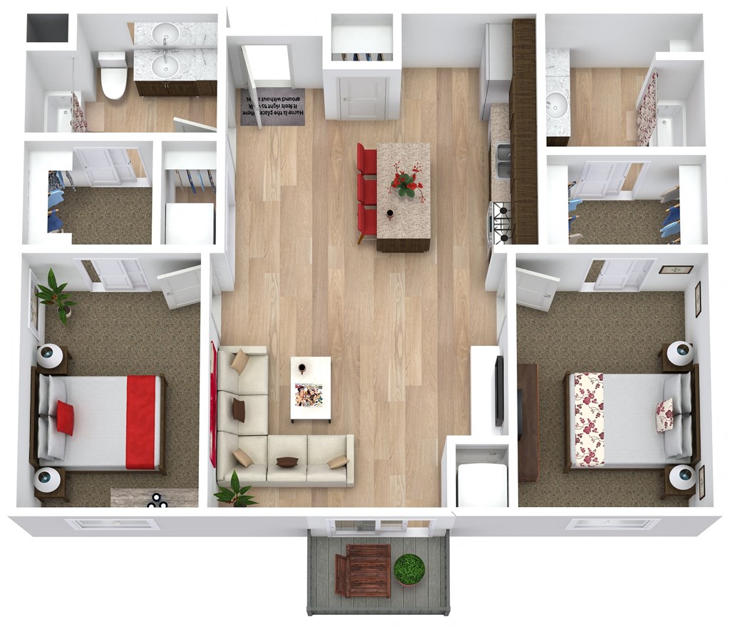 a 3d rendering of a living room with wood floors