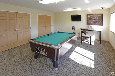 A pool table in a room with a television and a painting on the wall.