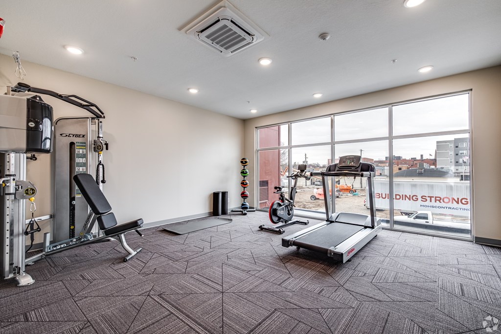 A gym with a treadmill, weights, and exercise equipment.