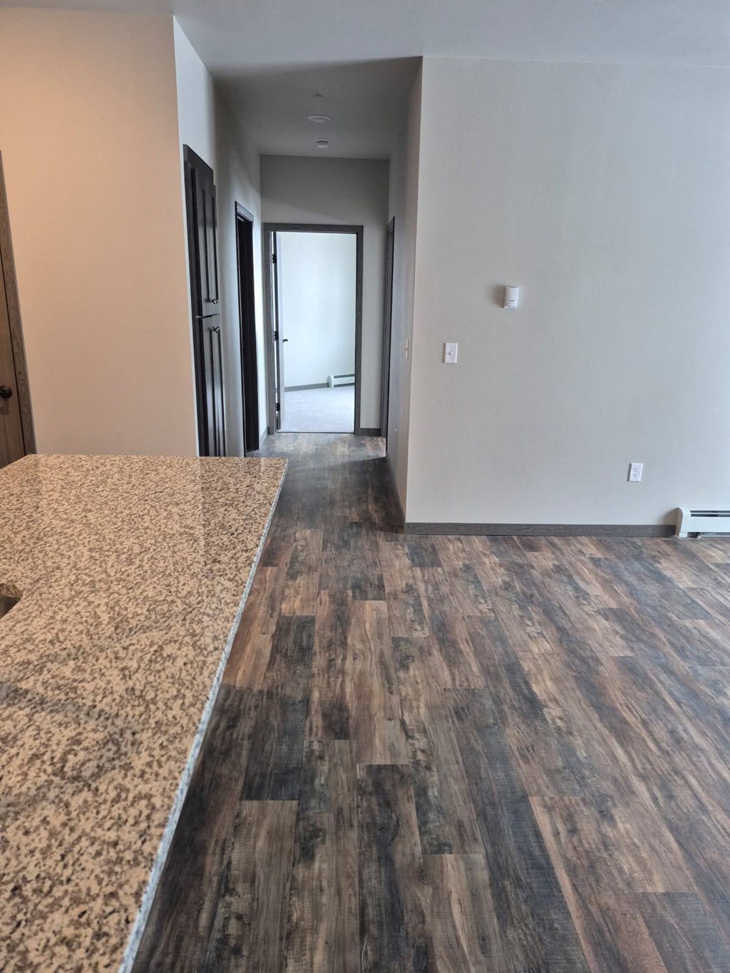 A room with a wooden floor and a carpeted area.