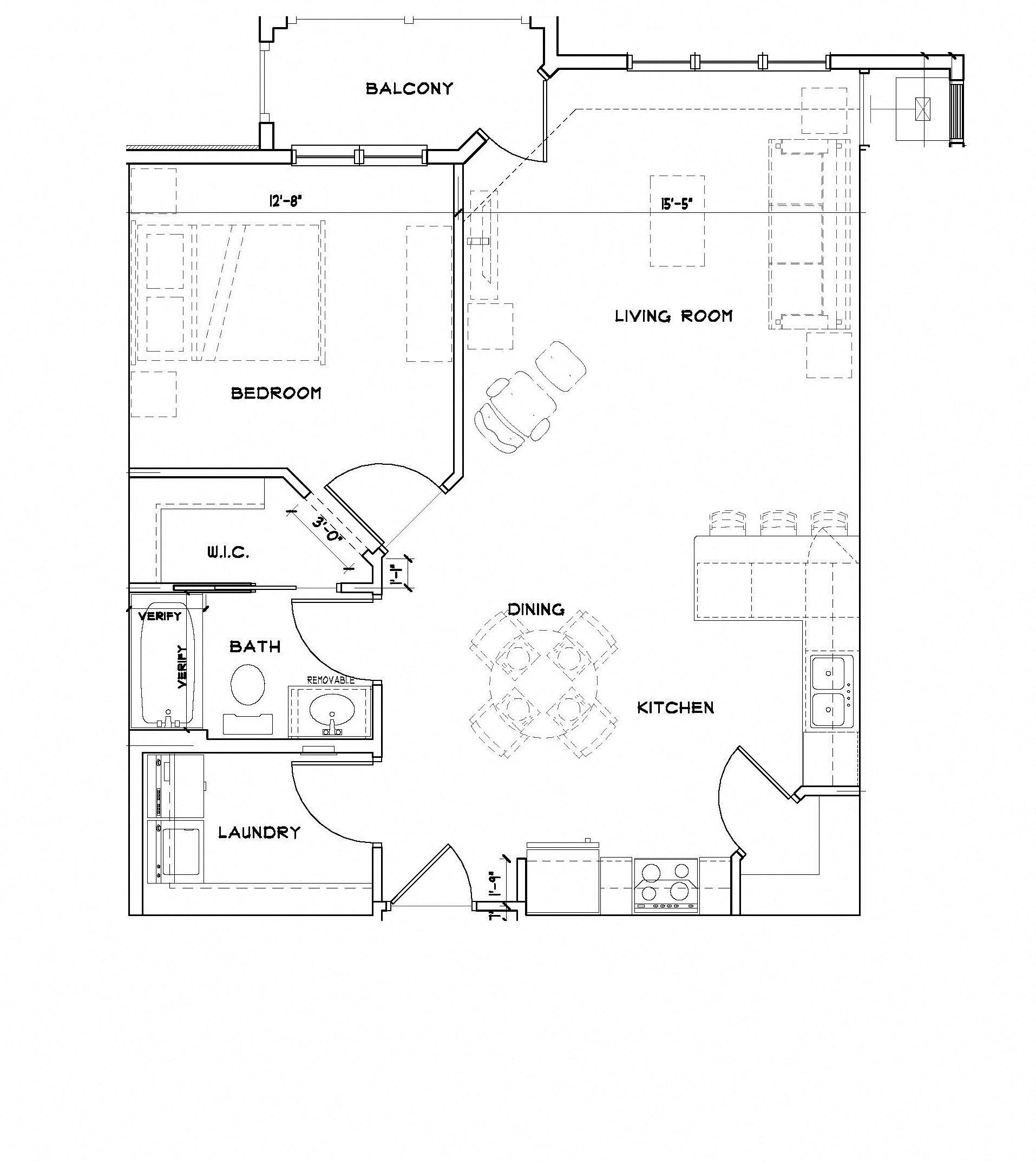A floor plan of an apartment with a living room, bedroom, kitchen, dining area, and laundry room.